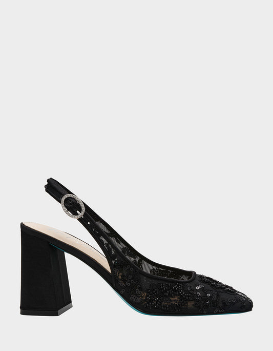 NINAH BLACK Square-Toe Slingback Mesh Block Heels | Betsey Johnson Signature