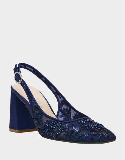 NINAH NAVY Square-Toe Slingback Mesh Block Heels | Betsey Johnson Premium
