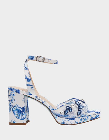 BRODY WHITE/BLUE FLORAL Women's Platform Block Floral Heel with Beaded Embellishments | Betsey Johnson Trending