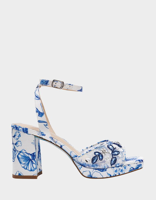 BRODY WHITE/BLUE FLORAL Women's Platform Block Floral Heel with Beaded Embellishments | Betsey Johnson Trending