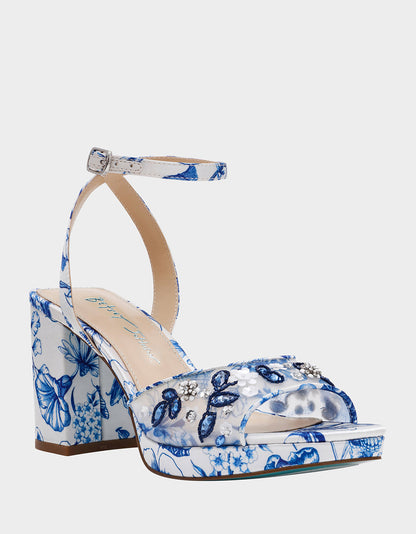 BRODY WHITE/BLUE FLORAL Women's Platform Block Floral Heel with Beaded Embellishments | Betsey Johnson Trending