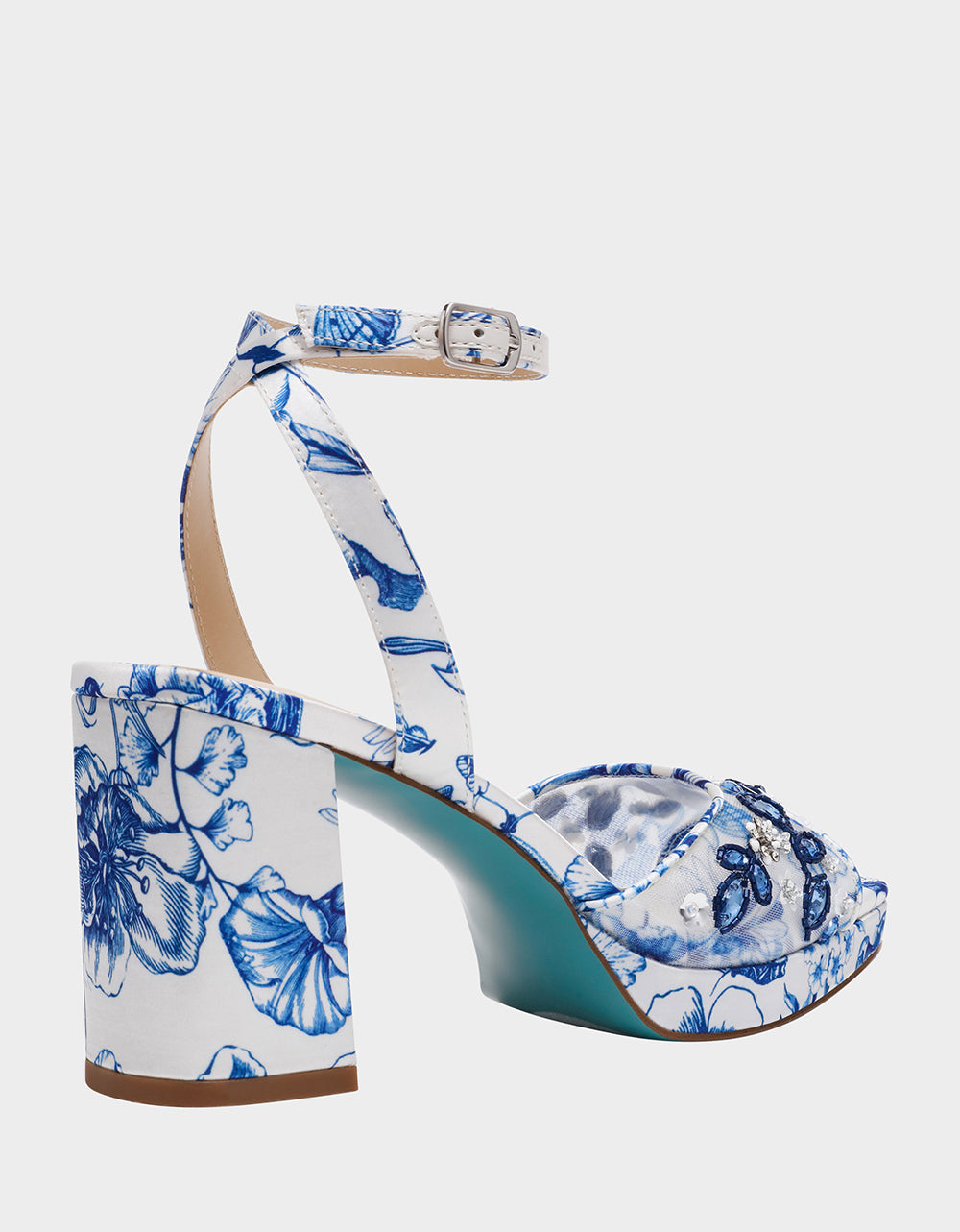 BRODY WHITE/BLUE FLORAL Women's Platform Block Floral Heel with Beaded Embellishments | Betsey Johnson Trending