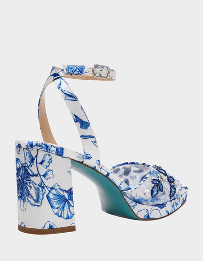 BRODY WHITE/BLUE FLORAL Women's Platform Block Floral Heel with Beaded Embellishments | Betsey Johnson Trending