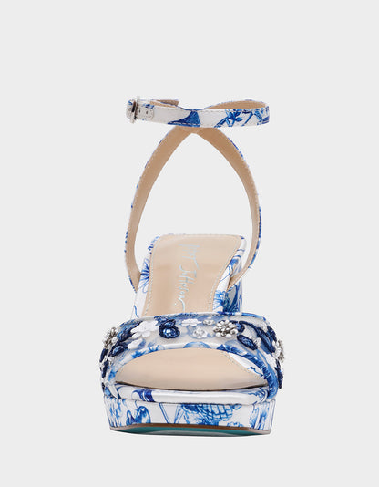 BRODY WHITE/BLUE FLORAL Women's Platform Block Floral Heel with Beaded Embellishments | Betsey Johnson Trending
