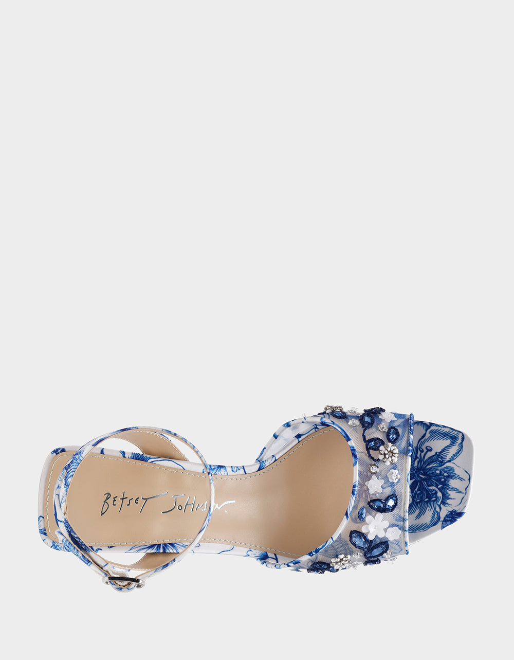 BRODY WHITE/BLUE FLORAL Women's Platform Block Floral Heel with Beaded Embellishments | Betsey Johnson Trending
