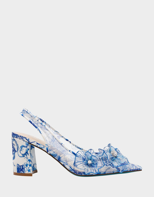 PETRA WHITE/BLUE FLORAL Slingback Floral Mesh Block Heel | Betsey Johnson Top Pick