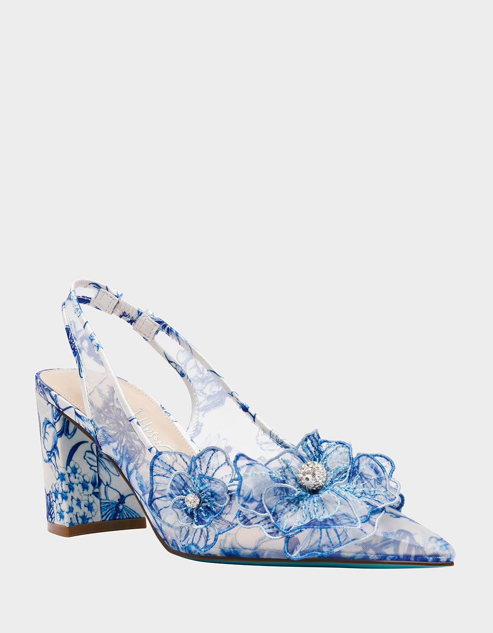 PETRA WHITE/BLUE FLORAL Slingback Floral Mesh Block Heel | Betsey Johnson Top Pick