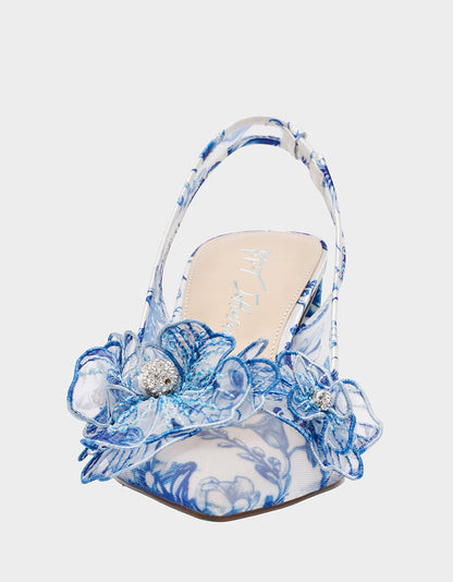PETRA WHITE/BLUE FLORAL Slingback Floral Mesh Block Heel | Betsey Johnson Top Pick