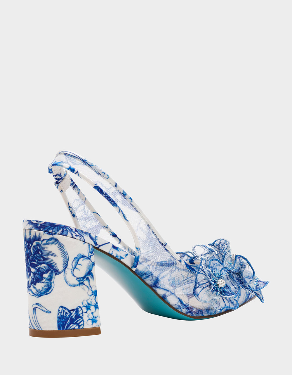 PETRA WHITE/BLUE FLORAL Slingback Floral Mesh Block Heel | Betsey Johnson Top Pick