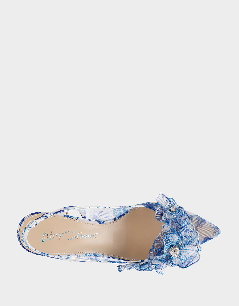 PETRA WHITE/BLUE FLORAL Slingback Floral Mesh Block Heel | Betsey Johnson Top Pick