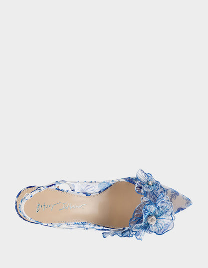 PETRA WHITE/BLUE FLORAL Slingback Floral Mesh Block Heel | Betsey Johnson Top Pick