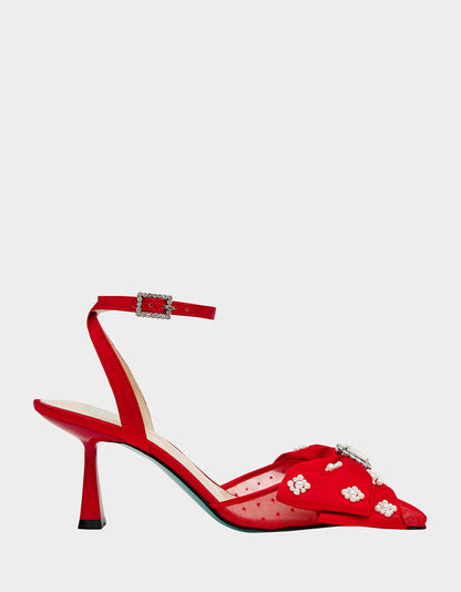MARK RED Pointed-Toe Mesh Pump Rhinestone Bow Women's Heel | Betsey Johnson Everyday