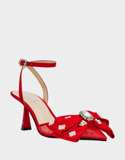MARK RED Pointed-Toe Mesh Pump Rhinestone Bow Women's Heel | Betsey Johnson Everyday