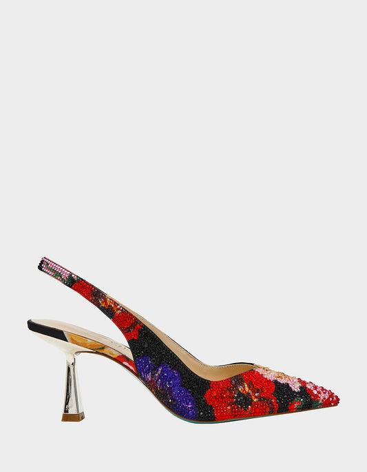 CLARK HEELS BLACK FLOWER MULTI Slingback Women's Kitten Heel | Betsey Johnson Latest