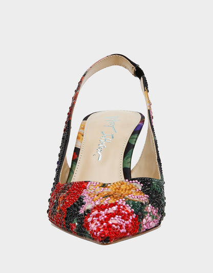 CLARK HEELS BLACK FLOWER MULTI Slingback Women's Kitten Heel | Betsey Johnson Latest