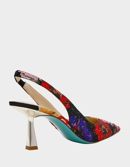 CLARK HEELS BLACK FLOWER MULTI Slingback Women's Kitten Heel | Betsey Johnson Latest