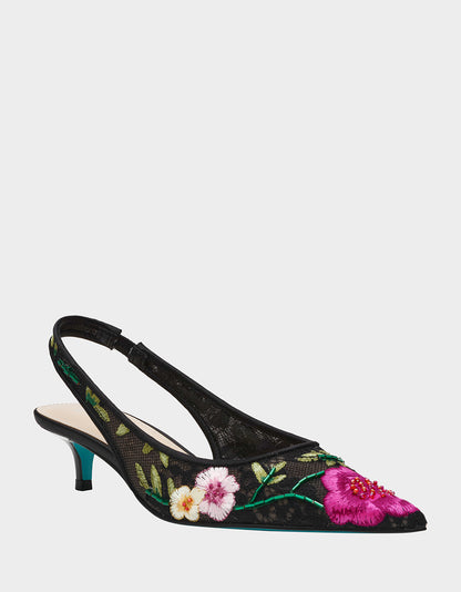 FELIX BLACK MULTI FLORAL Pointed-Toe Slingback Pump Kitten Heel | Betsey Johnson Smart Buy