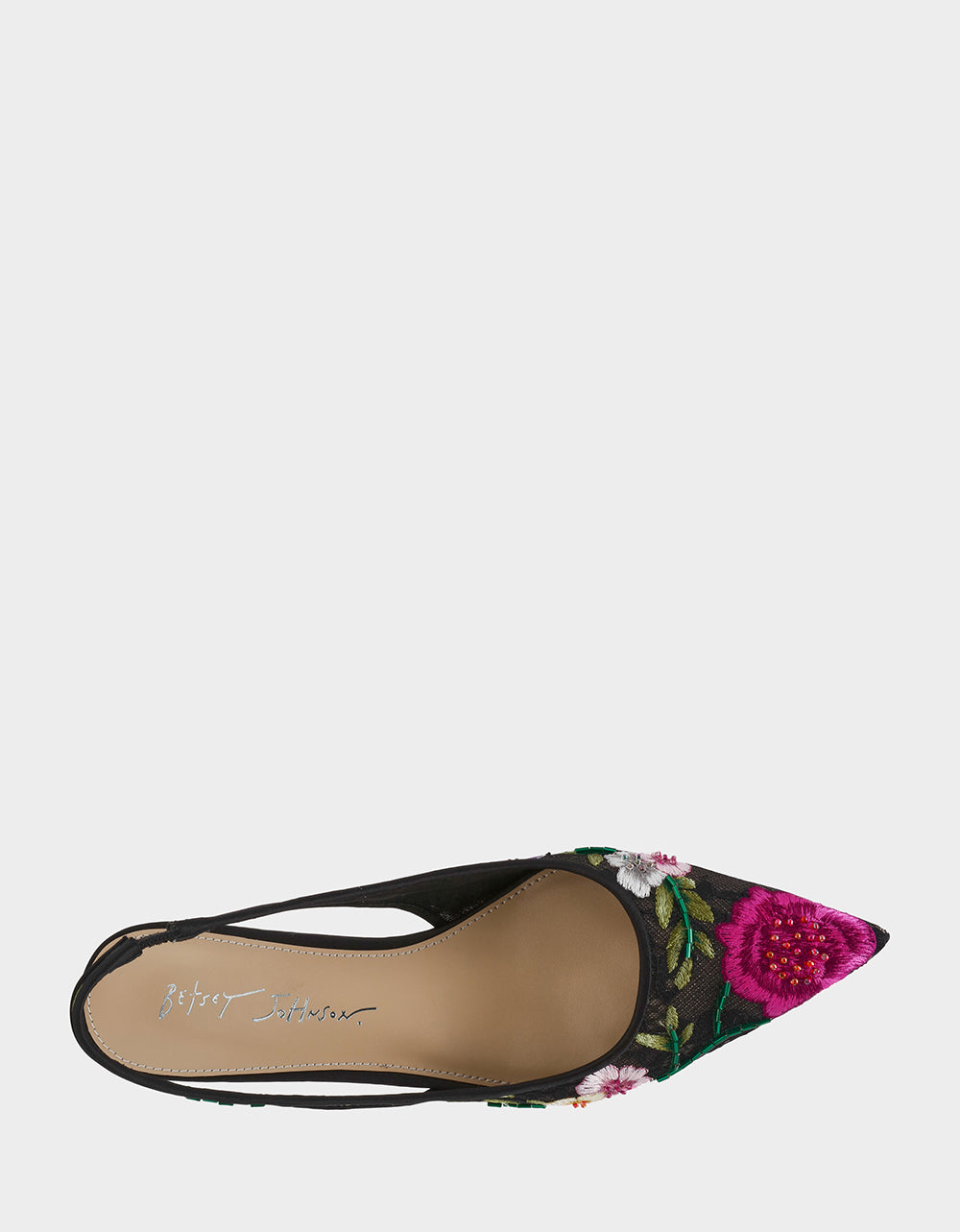 FELIX BLACK MULTI FLORAL Pointed-Toe Slingback Pump Kitten Heel | Betsey Johnson Smart Buy