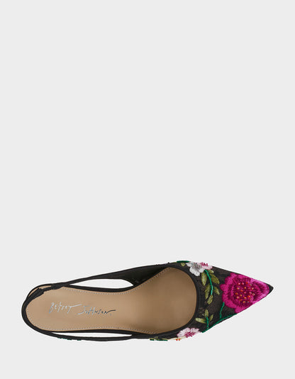 FELIX BLACK MULTI FLORAL Pointed-Toe Slingback Pump Kitten Heel | Betsey Johnson Smart Buy