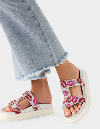 BILLY MULTI LIPS Women's Footbed Slip-On Lip Print Sandal | Betsey Johnson Trusted