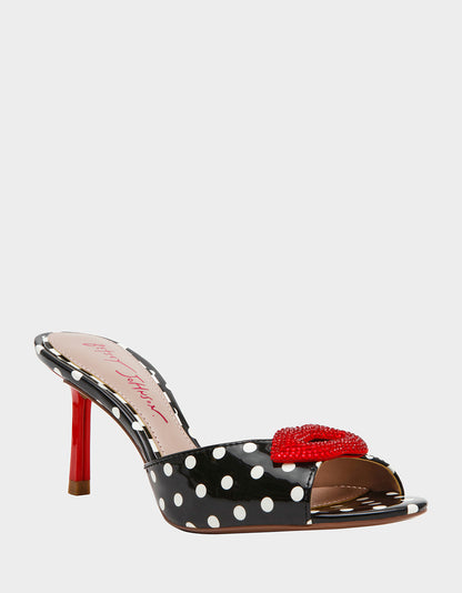 CASIDY WHITE BLACK POLKA DOT Women's Polka Dot Mule Heels with Rhinestone Lip | Betsey Johnson Discount