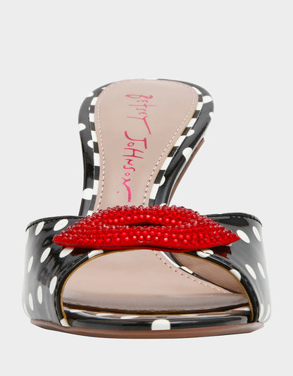 CASIDY WHITE BLACK POLKA DOT Women's Polka Dot Mule Heels with Rhinestone Lip | Betsey Johnson Discount