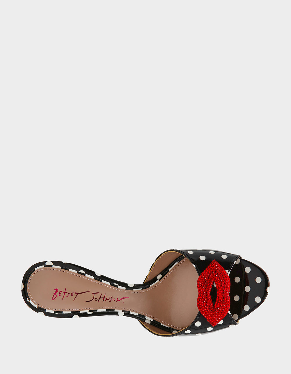 CASIDY WHITE BLACK POLKA DOT Women's Polka Dot Mule Heels with Rhinestone Lip | Betsey Johnson Discount