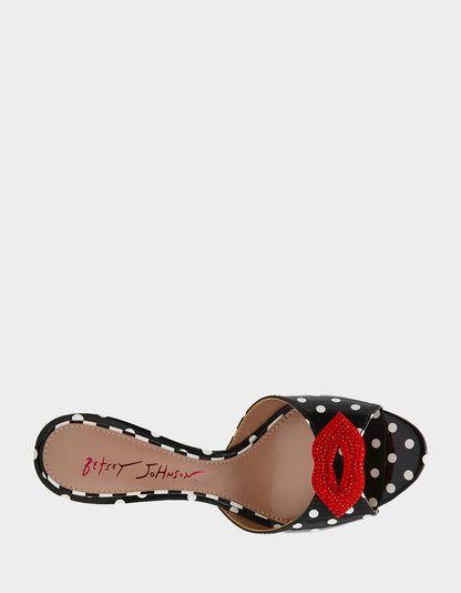 CASIDY WHITE BLACK POLKA DOT Women's Polka Dot Mule Heels with Rhinestone Lip | Betsey Johnson Discount