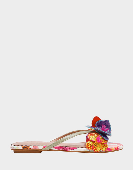 NICOLLE WHITE MULTI Women's Flat Floral Butterfly Slip-On Sandal | Betsey Johnson Trusted