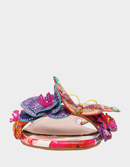 NICOLLE WHITE MULTI Women's Flat Floral Butterfly Slip-On Sandal | Betsey Johnson Trusted