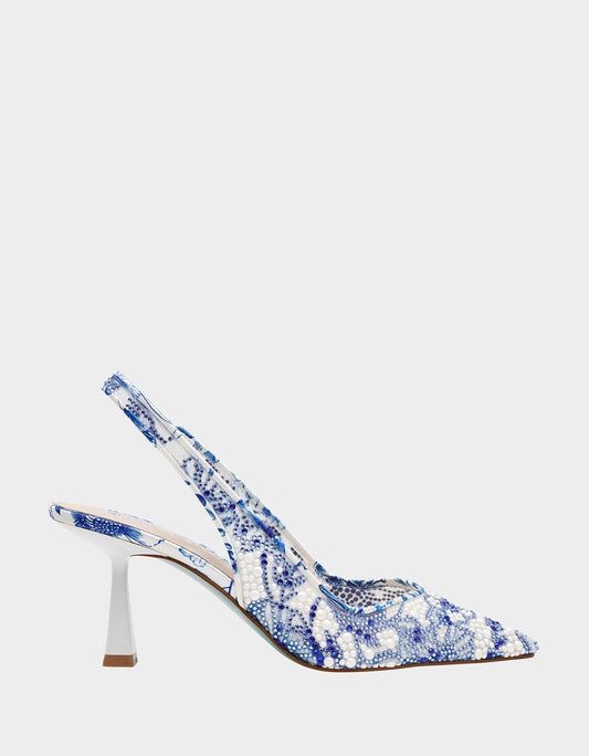 CLARK HEELS WHITE/BLUE FLORAL Women's Sling-Back Mesh Rhinestone Heel | Betsey Johnson Quality