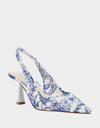 CLARK HEELS WHITE/BLUE FLORAL Women's Sling-Back Mesh Rhinestone Heel | Betsey Johnson Quality