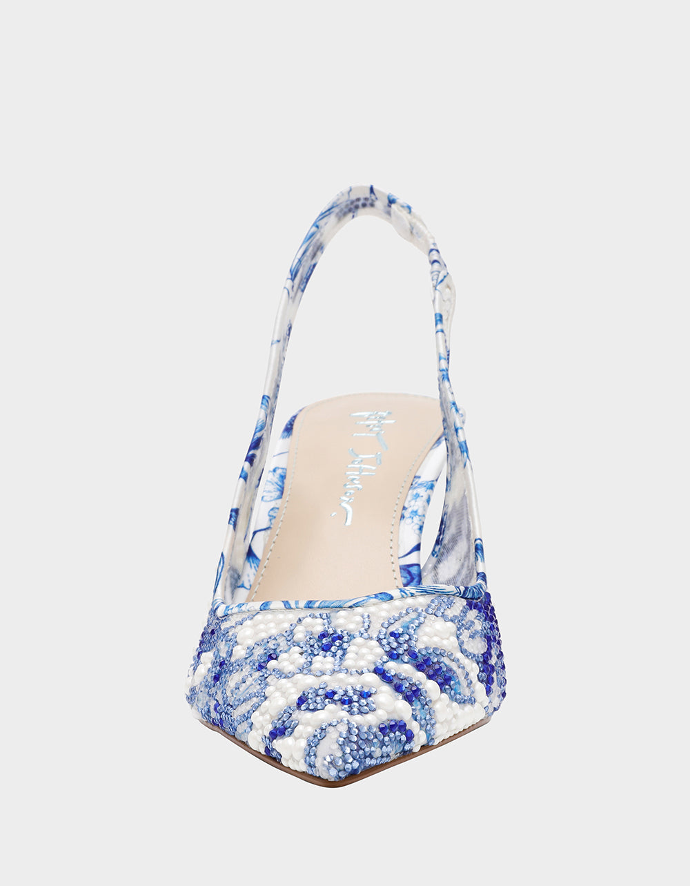 CLARK HEELS WHITE/BLUE FLORAL Women's Sling-Back Mesh Rhinestone Heel | Betsey Johnson Quality