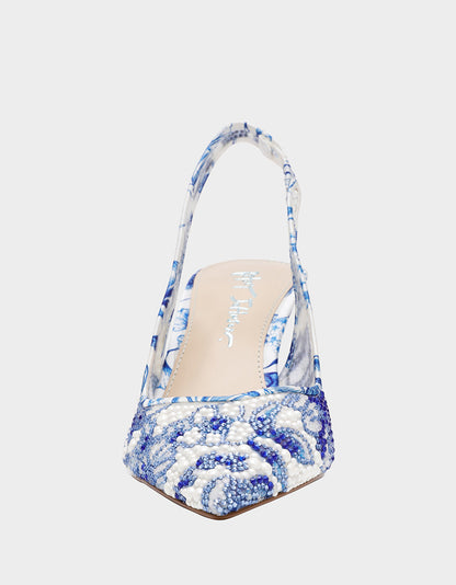 CLARK HEELS WHITE/BLUE FLORAL Women's Sling-Back Mesh Rhinestone Heel | Betsey Johnson Quality
