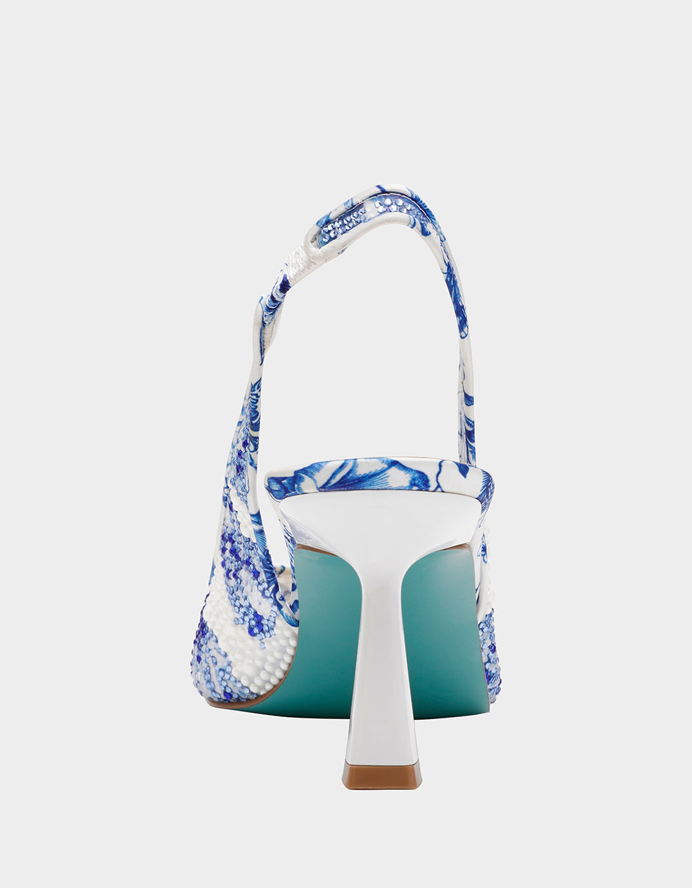 CLARK HEELS WHITE/BLUE FLORAL Women's Sling-Back Mesh Rhinestone Heel | Betsey Johnson Quality