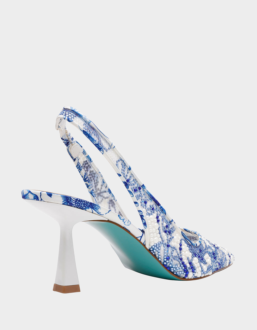 CLARK HEELS WHITE/BLUE FLORAL Women's Sling-Back Mesh Rhinestone Heel | Betsey Johnson Quality