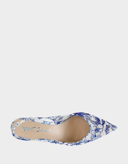 CLARK HEELS WHITE/BLUE FLORAL Women's Sling-Back Mesh Rhinestone Heel | Betsey Johnson Quality