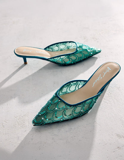 ELLIS EMERALD Pointed-Toe Mesh Embellished Mule Women's Kitten Heel | Betsey Johnson Hot Sale