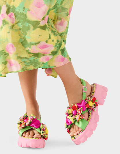 JEROMY GREEN FLORAL MULTI Women's Pink Green Lug Floral Sandal | Betsey Johnson Value
