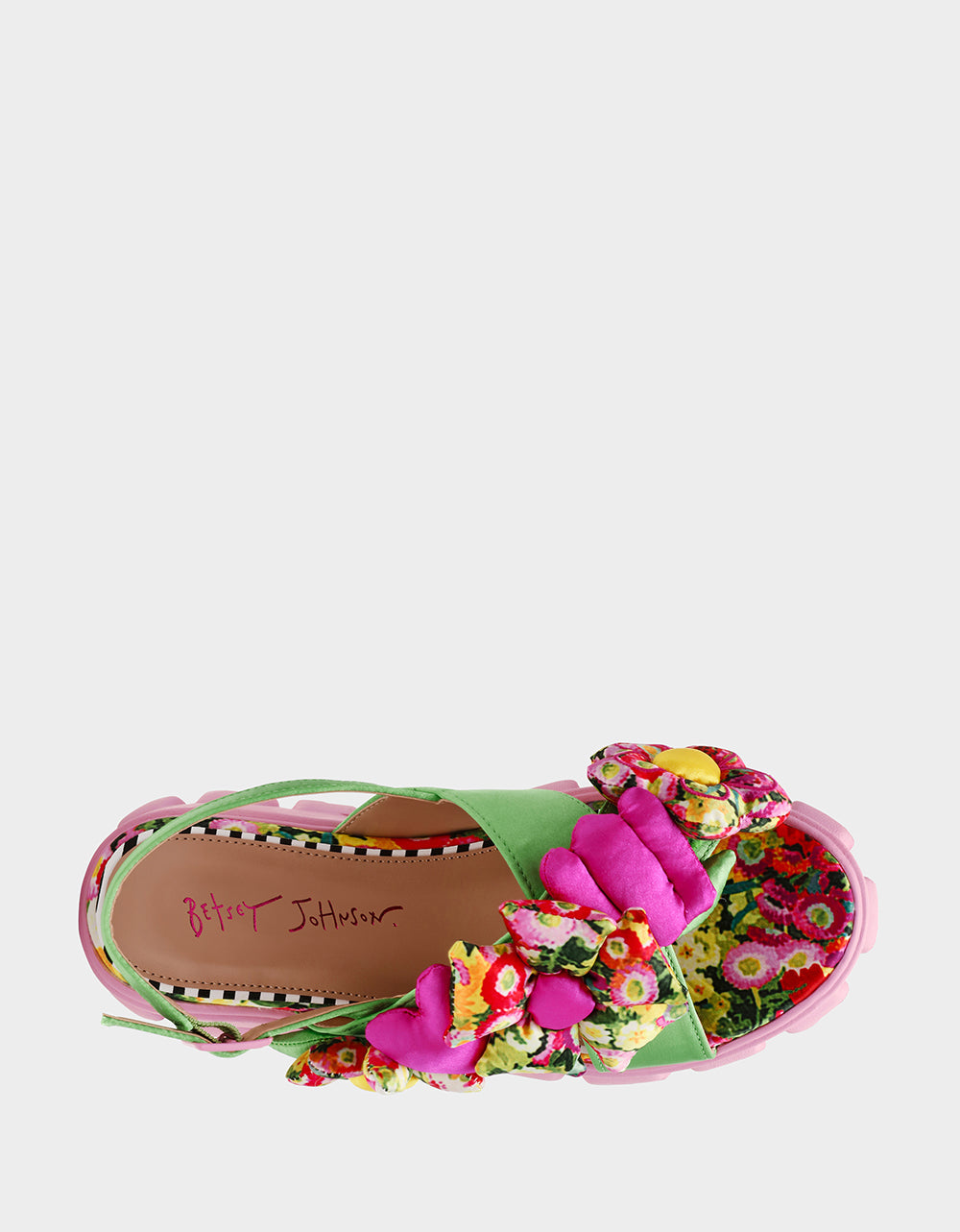 JEROMY GREEN FLORAL MULTI Women's Pink Green Lug Floral Sandal | Betsey Johnson Value