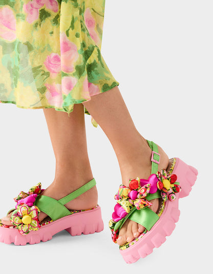 JEROMY GREEN FLORAL MULTI Women's Pink Green Lug Floral Sandal | Betsey Johnson Value