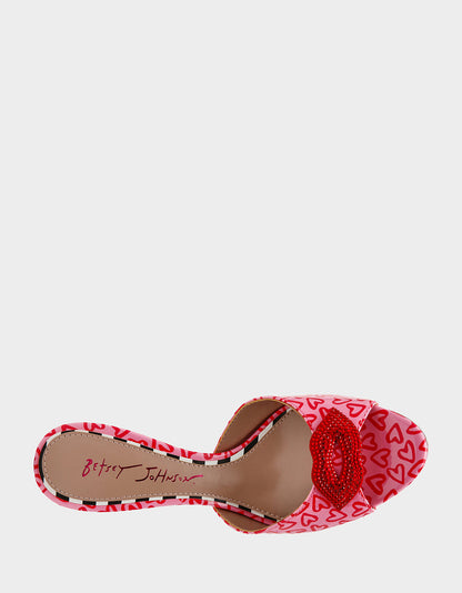 CASIDY PINK MULTI Women's Heart Print Mule Heel with Rhinestone Lip | Betsey Johnson Hot Sale