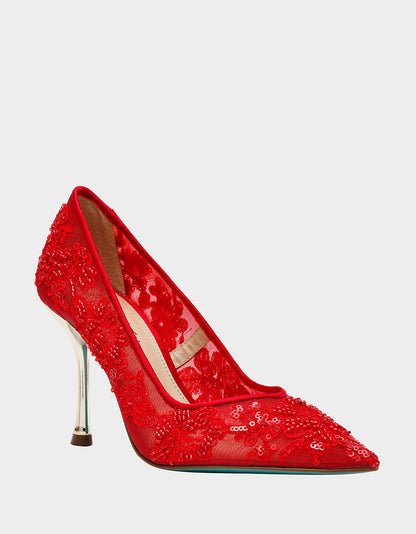 JENII RED Pointed-Toe Mesh Embellished Floral Print Pump Women's Heel | Betsey Johnson Recommended