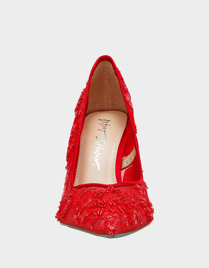JENII RED Pointed-Toe Mesh Embellished Floral Print Pump Women's Heel | Betsey Johnson Recommended