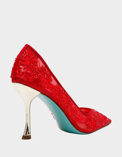 JENII RED Pointed-Toe Mesh Embellished Floral Print Pump Women's Heel | Betsey Johnson Recommended