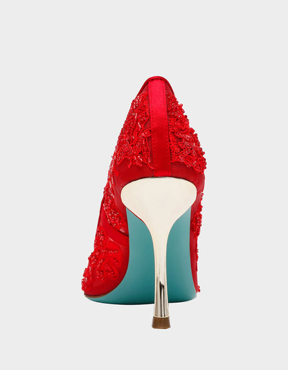 JENII RED Pointed-Toe Mesh Embellished Floral Print Pump Women's Heel | Betsey Johnson Recommended