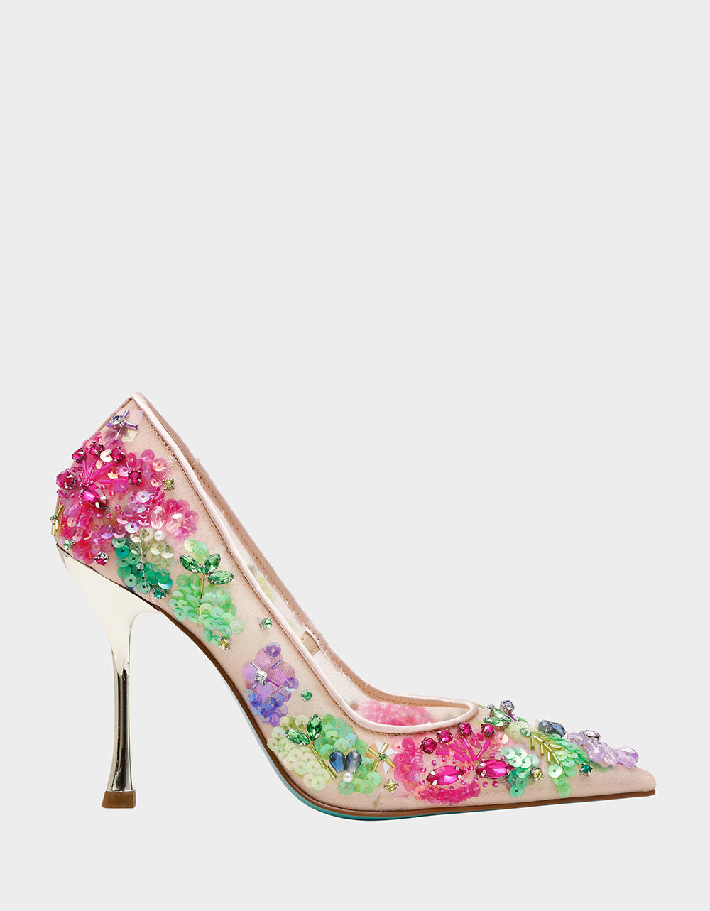 NETTA NUDE MULTI Women's Floral Embellished Nude Mesh High Heel | Betsey Johnson Exclusive