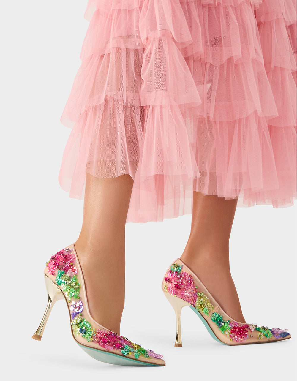 NETTA NUDE MULTI Women's Floral Embellished Nude Mesh High Heel | Betsey Johnson Exclusive