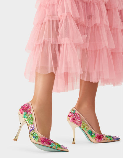 NETTA NUDE MULTI Women's Floral Embellished Nude Mesh High Heel | Betsey Johnson Exclusive