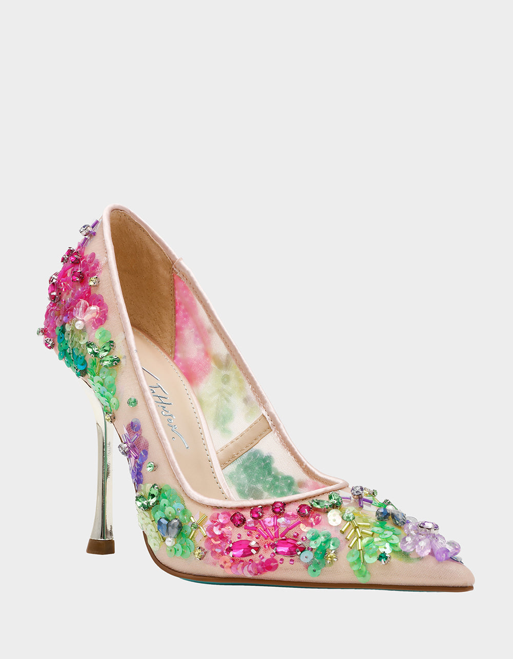 NETTA NUDE MULTI Women's Floral Embellished Nude Mesh High Heel | Betsey Johnson Exclusive